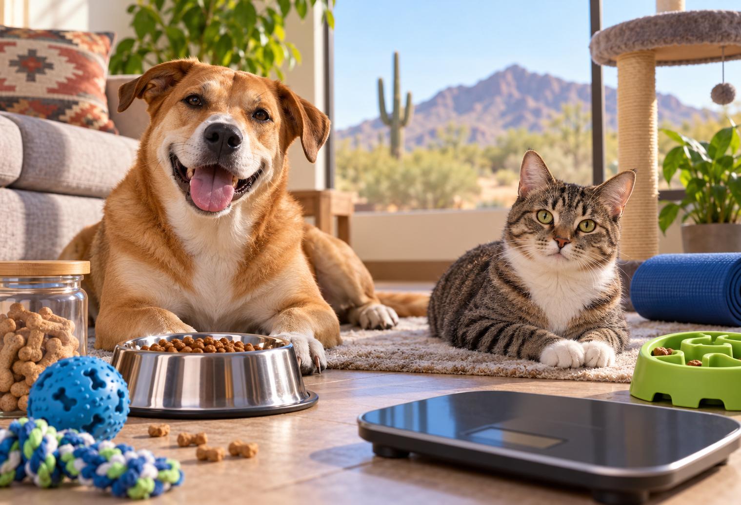 Dog and cat relaxing indoors beside measured pet food, toys, a puzzle feeder, and a scale, with the sunny Buckeye, Arizona desert visible outside.
